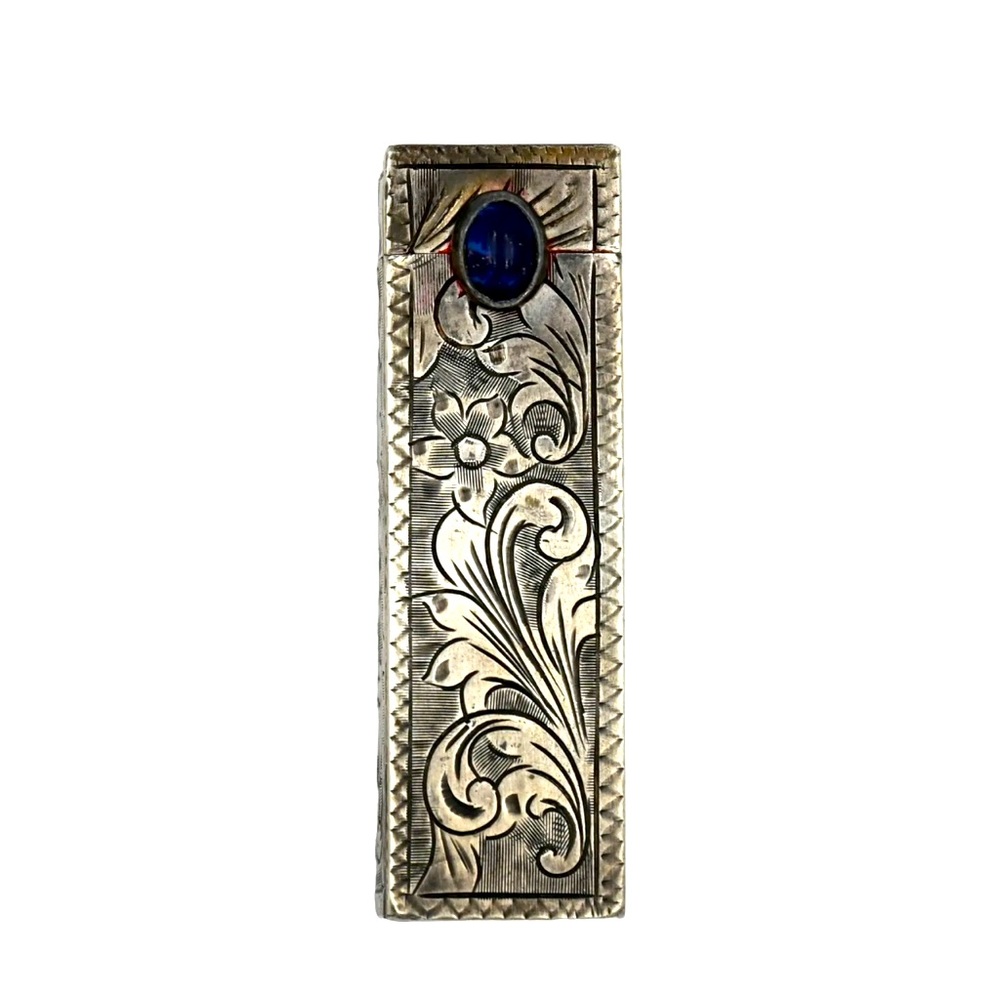 Early 1900’s Solid Sterling Silver Lip Stick Case Genuine Sapphire Cabochon!